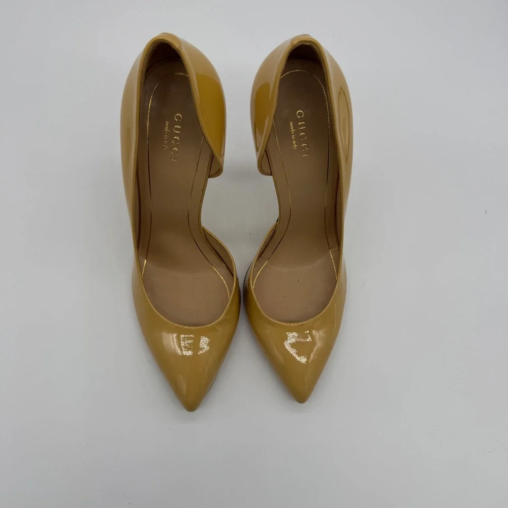 Gucci Women Neutral Yellow Patent Leather D Orsay Pointed Toe Stiletto Pumps 38